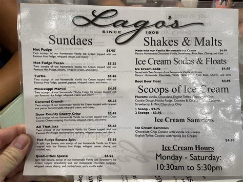 Menu at Lagomarcino's Confectionery desserts, Davenport