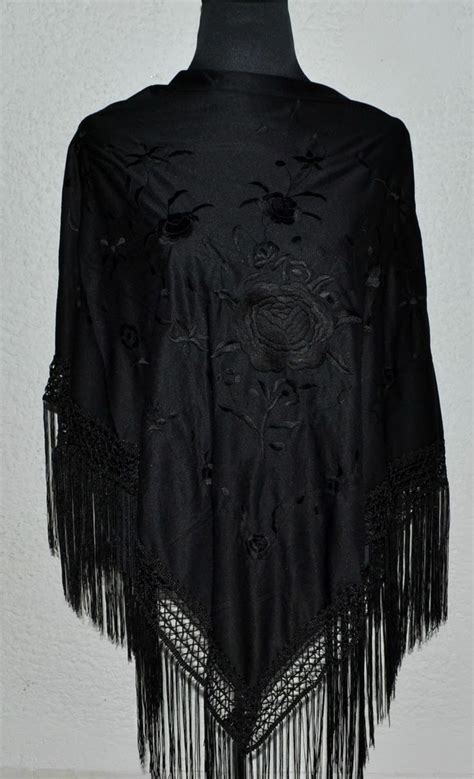 Spanish Flamenco Black Shawl C w Large Floral Embroidery Black FRINGE66" x 39" | eBay | Black ...