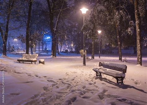 Winter night landscape- bench under winter trees and shining street ...