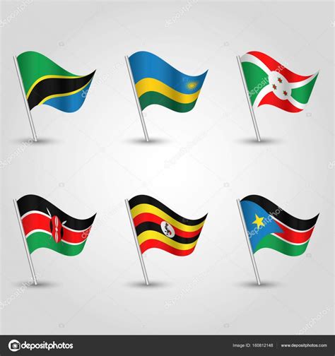 Vector set of waving flags uganda, rwanda, burundi, kenya, tanzania and south sudan on silver ...