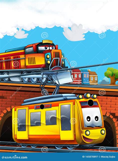 Cartoon Funny Look Train Wagon on Station Near the City and Flying Fireman Helicopter Stock ...