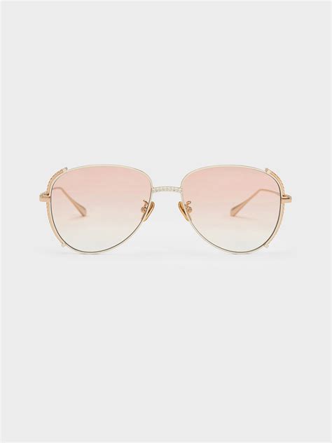 Charles & Keith Gem-embellished Wireframe Aviator Sunglasses In Cream | ModeSens