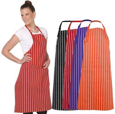 Striped Work Aprils are manufactured with 65% Polyester for durability