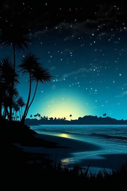 Premium Photo | A beach scene with palm trees and the moon in the ...