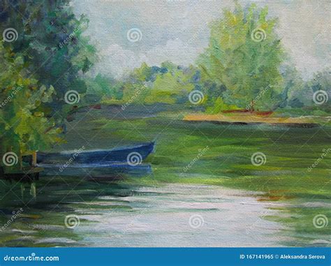 Landscape with the Countryside and Boat. Oil Painting. Stock Image - Image of ecology, hunting ...