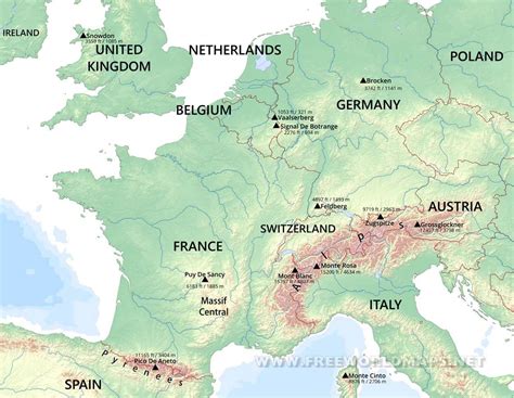 Physical Map Of Europe Rivers And Mountains