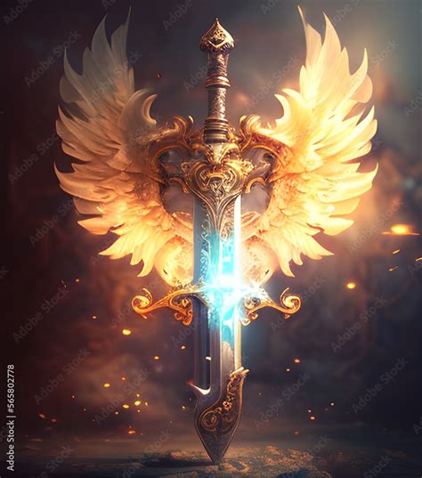 Gorgeous fantasy sword golden wings angel Digital Illustration on sunny ...