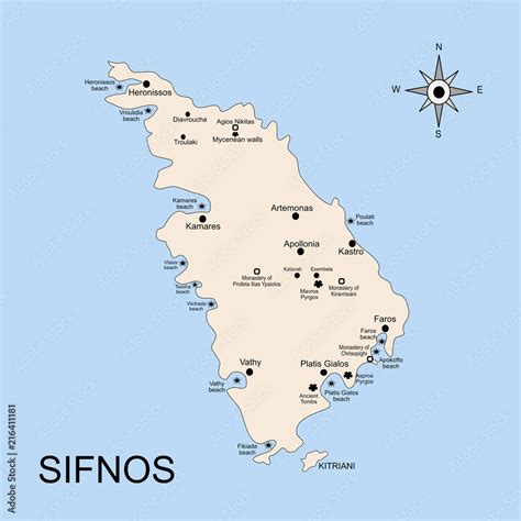 The geography map of Sifnos island, in the archipelago of the Cyclades ...