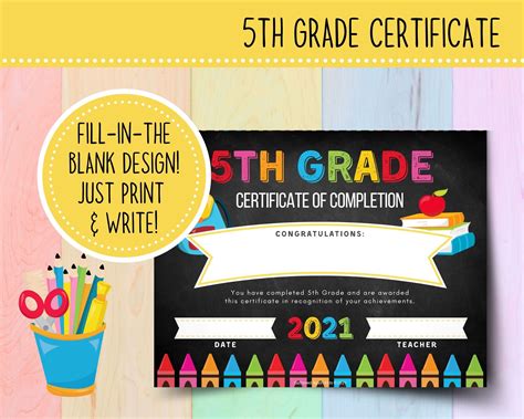 Printable 5th Grade Graduation Certificate 2021 Chalkboard | Etsy