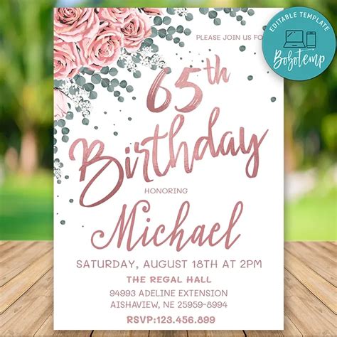 Editable 65th Birthday Surprise Party Invitations DIY | Createpartylabels