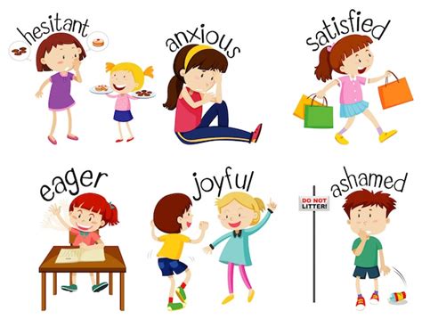 Set of adjective words with children expressing their feelings | Free Vector