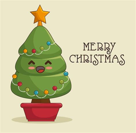 Free Vector | Kawaii christmas tree, merry christmas greeting card