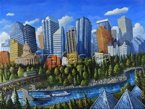 a painting of a cityscape with trees and water