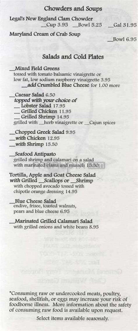 Menu for Legal Sea Foods, White Plains, NY