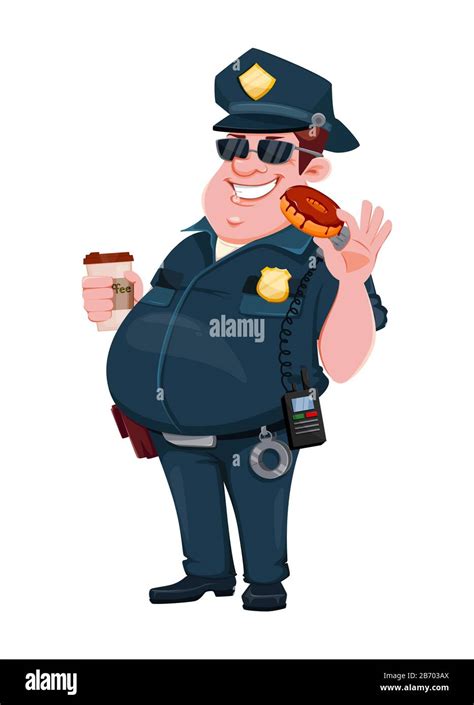 Police officer with coffee and donut. Funny cartoon character. Vector illustration isolated on ...