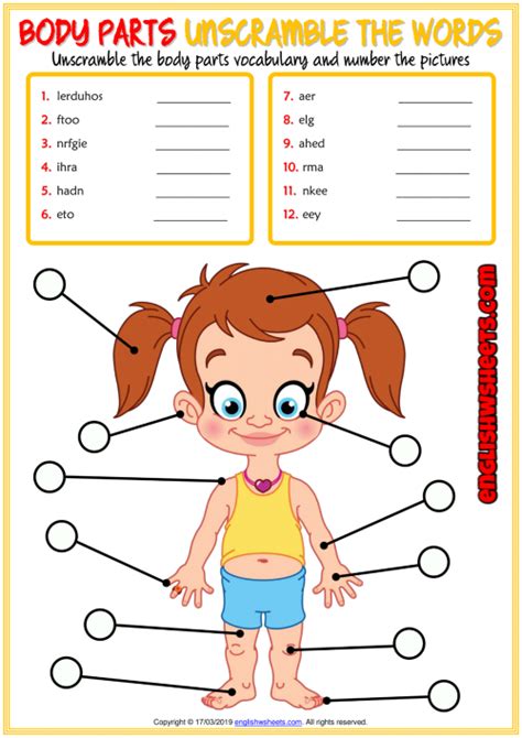 Body Parts ESL Unscramble the Words Worksheet For Kids