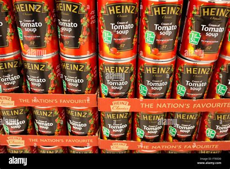 tins of Heinz tomato soup on supermarket shelves Stock Photo - Alamy