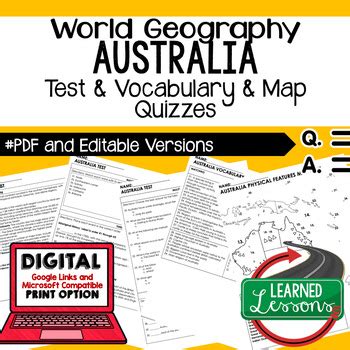 Australia Tests & Vocabulary Quiz, Map Quizzes Geography Assessment, GOOGLE FORM