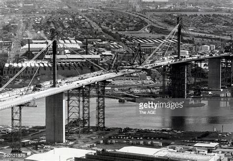 West Gate Bridge construction. The crane on the western limb of the... News Photo - Getty Images