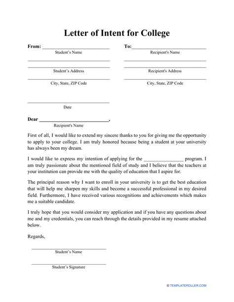 Letter of Intent for College Template Download Printable PDF | Templateroller