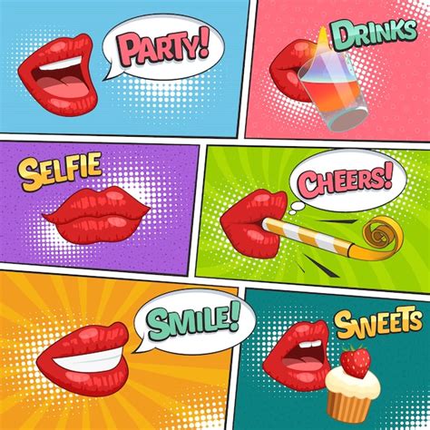 Free Vector | Funny party comic page with bright red female lips drinking smiling eating cartoon