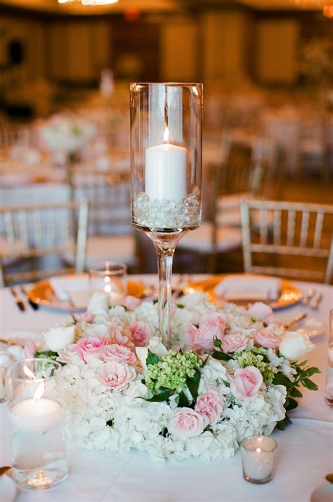 Pillar Candle and Blush Floral Wedding Reception Centerpieces | Wedding reception decorations ...