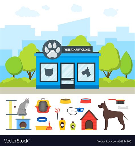 Cartoon veterinary clinic building and elements Vector Image