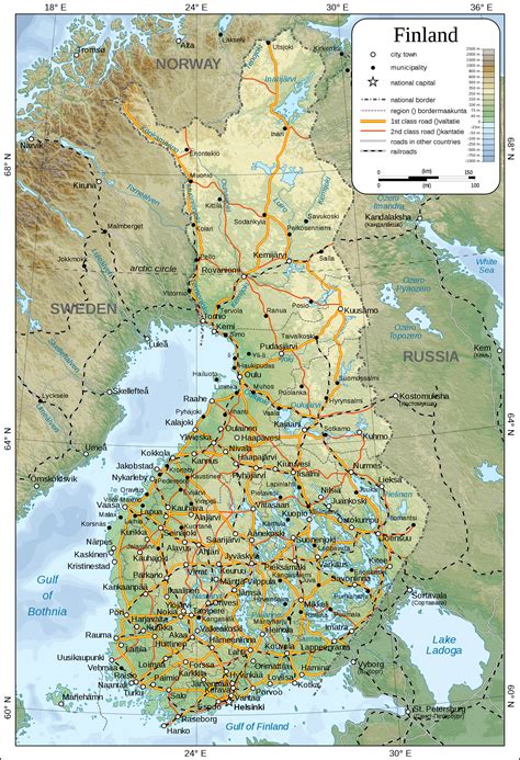 Large detailed physical map of Finland with all cities, roads railways ...