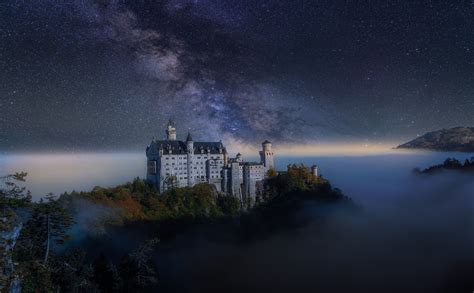 Download Star Milky Way Starry Sky Fog Night Germany Castle Man Made Neuschwanstein Castle HD ...