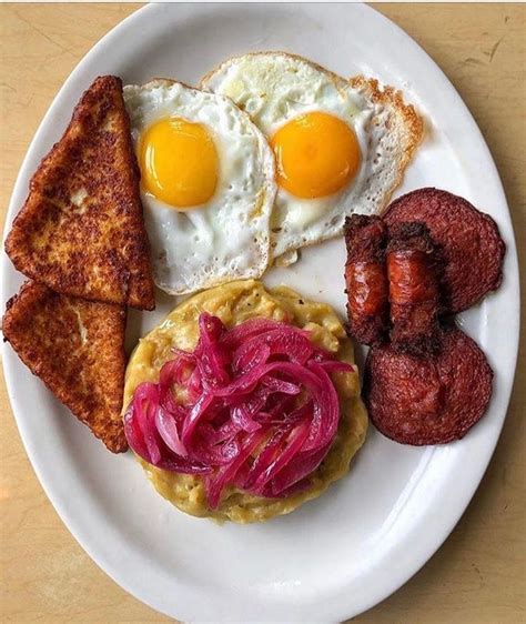 Dominican breakfast-Mangu with red onions, salami, fried cheese, and ...