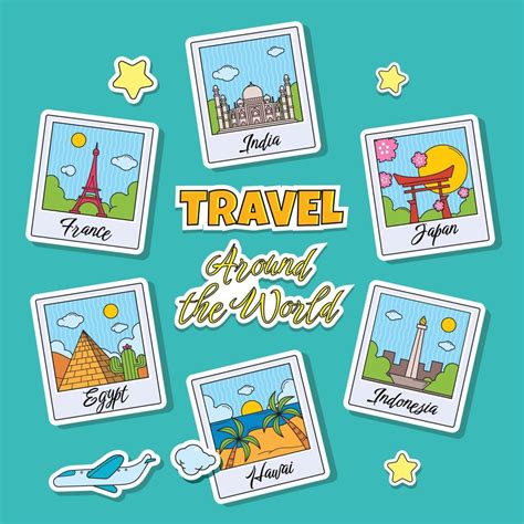 World Travel Sticker Set Collection with Polaroid Style 5588219 Vector ...