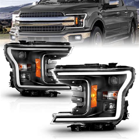 AmeriLite For 2018 2019 2020 Ford F150 Headlights Black Quad Projector With LED Light Bar ...