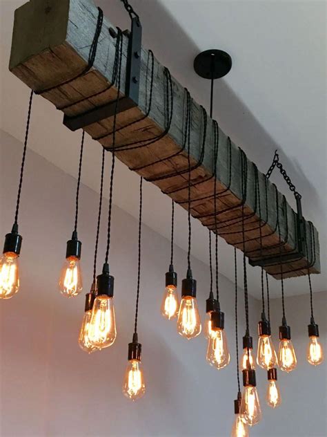 Light Fixture with Railroad Tie and Edison Lights #kitchendecor | Rustic light fixtures, Rustic ...