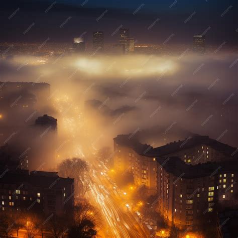 Premium Photo | Foggy cityscape with buildings and street lights in the distance generative ai