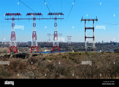 Electric lines of Dnieper Hydroelectric Station, the largest hydroelectric power station on ...