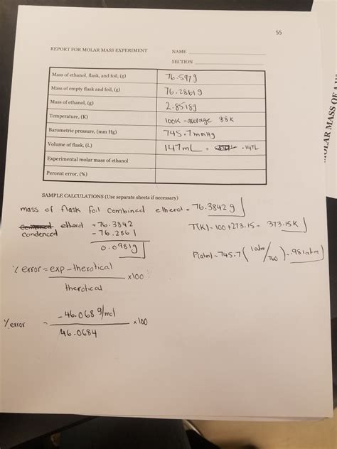 REPORT FOR MOLAR MASS EXPERIMENT NAME SECTION Mass of | Chegg.com