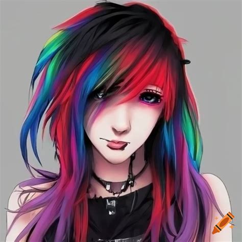 Emo gothic anime girl with colorful hair on Craiyon