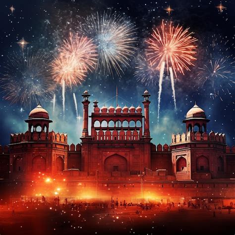 Premium AI Image | illustration of Red Fort at Night with Fireworks ...