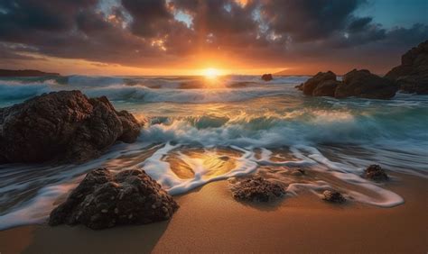 Premium AI Image | A sunset with waves crashing on the beach