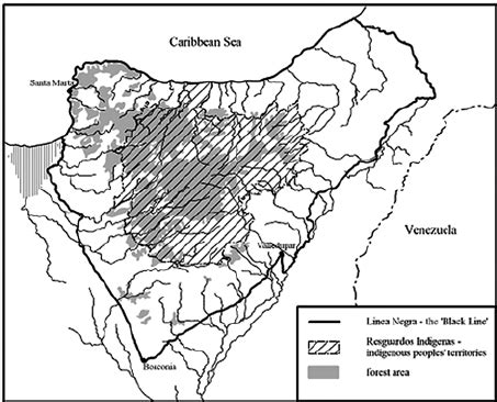 Map of the Sierra Nevada de Santa Marta and the ‘Black line’ defining ...