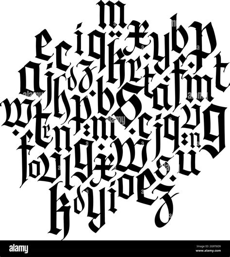 Font composition, medieval gothic. Vector. European modern gothic. Black letters on a white ...