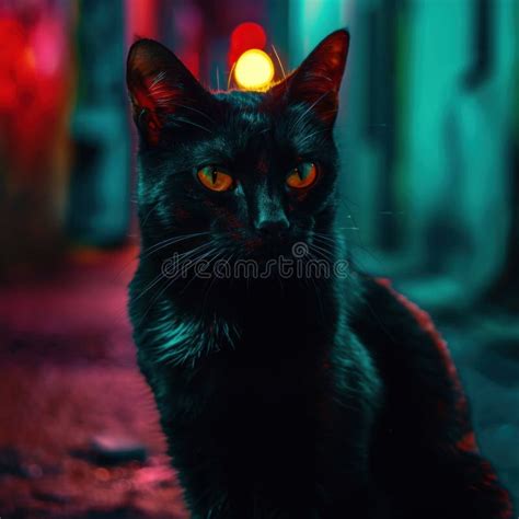 Mysterious Black Cat with Glowing Eyes at Night Stock Illustration ...