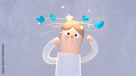 Cartoon dizzy stars and birds flying around the head. 3d rendering ...