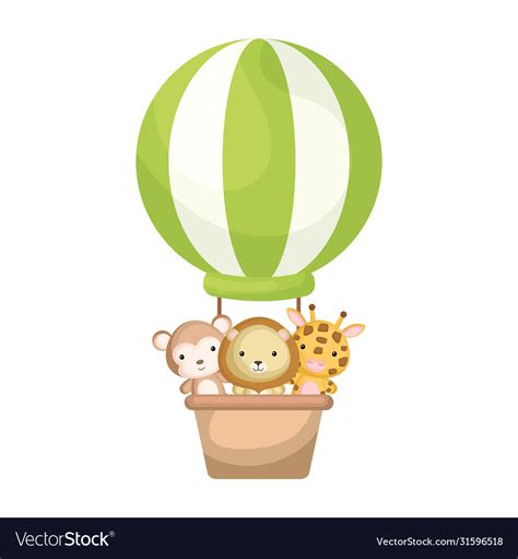 Cute baby animals in green hot air balloon Vector Image