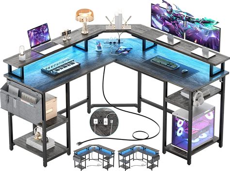 Homieasy L Shaped Desk with Monitor Stand and Power Outlet, 55" Reversible Gaming Desk with LED ...
