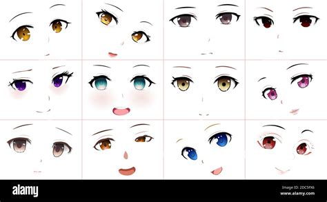 Set of Vector Cartoon Anime Style Expressions. Kawaii Cute Faces ...