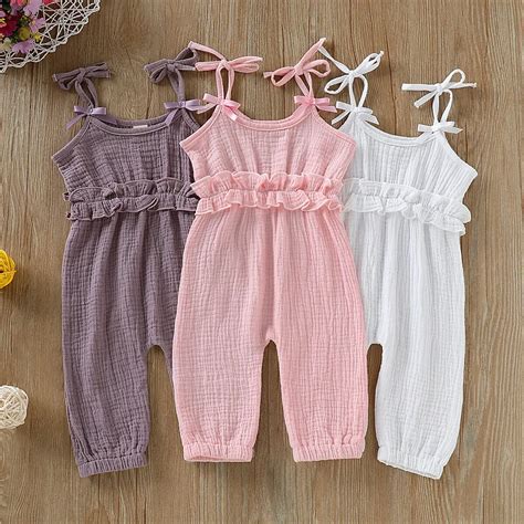 Baby Girl Jumpsuit Sleeveless Strap Solid Romper Ruffled Bowknot High ...