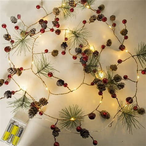 Garland with Lights, Red Berry with Pine Cone Garland Lights LED Battery Operated Prelit Garland ...