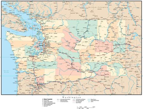 Washington Adobe Illustrator Map with Counties, Cities, County Seats, Major Roads