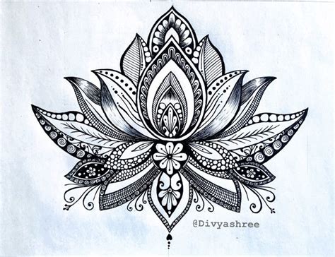 a black and white drawing of a lotus flower with intricate designs on it's petals